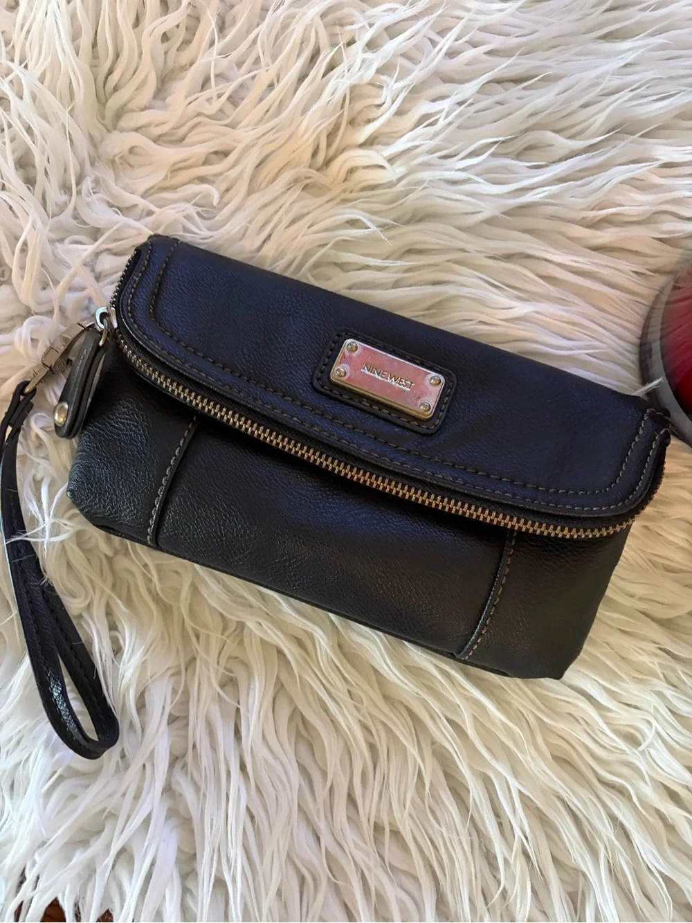 Nine West Black Leather Zip-Top Wristlet Clutch